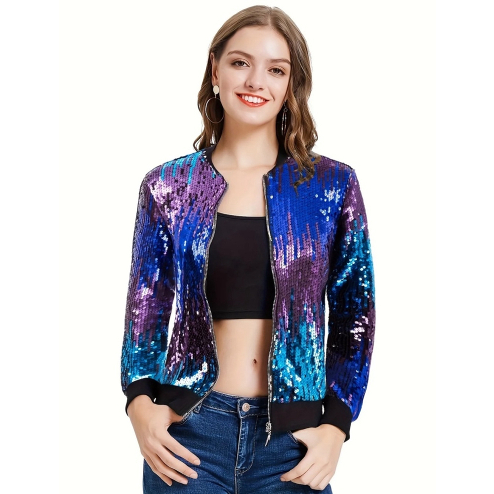 Purple and Blue Sequins Zip Up Jacket - Picture 1 of 7